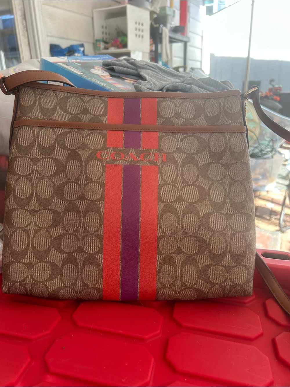 Coach Signature crossbody Bag in Tan with Red & Purple Stripes